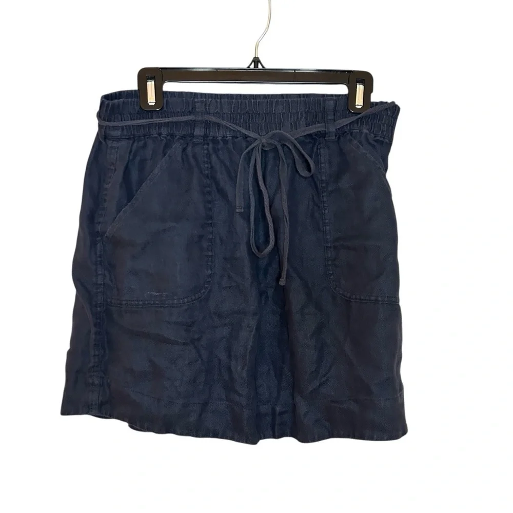 LOFT Linen Mini Skirt Navy Blue Tie Waist Pockets Women’s Size Small Summer